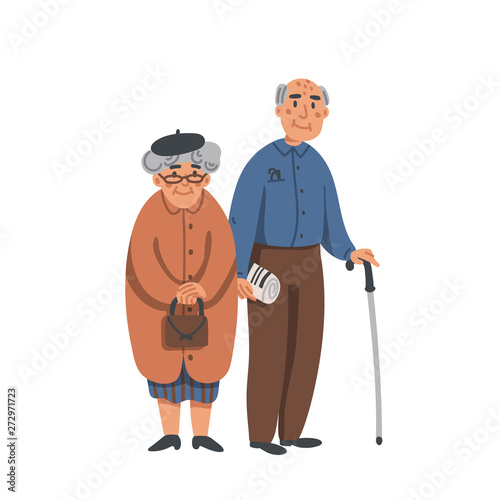 Elderly senior man and woman in glasses standing together. Aged grey haired couple. Nursing home. Senior people healthcare assistance flat Vector illustration.