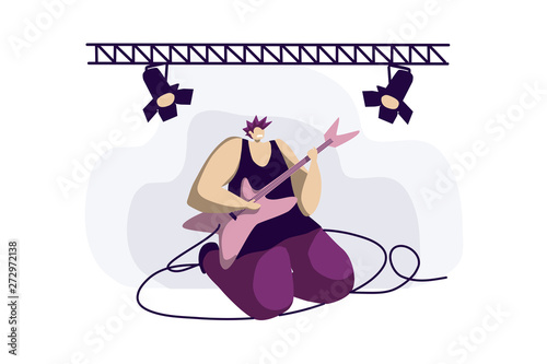 Young musician, band member playing electric guitar, woman with iroquois, guitarist solo, punk rock music show