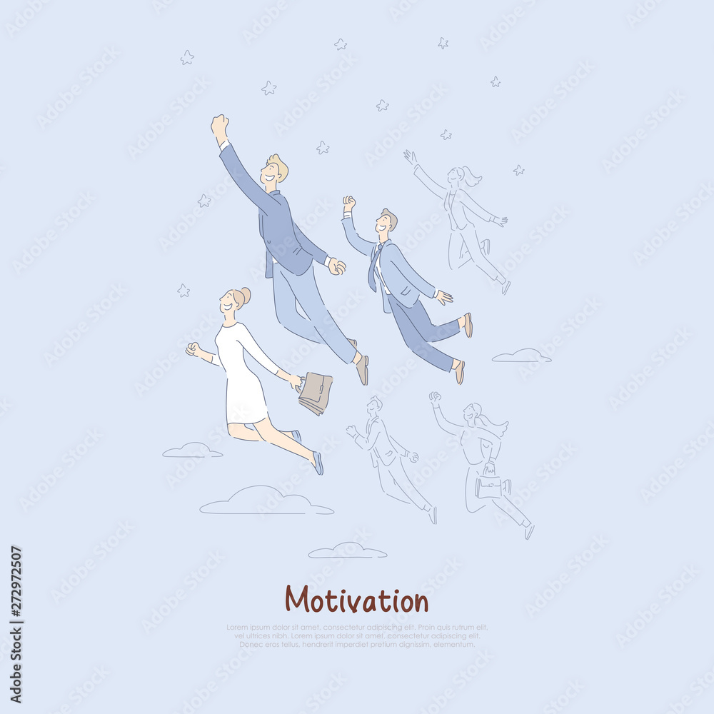 Goal achievement progress, men and women reaching for sky, business competition metaphor, motivation banner