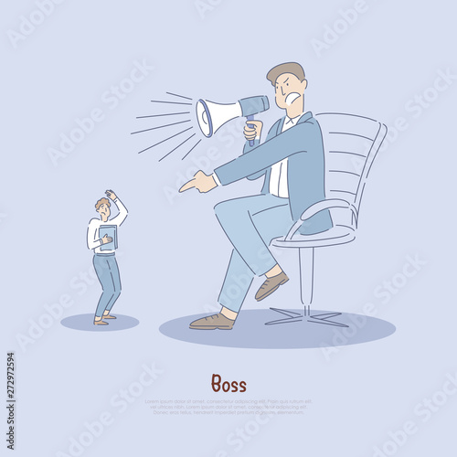 Employer abusing worker, employee verbally abused by manager, excessive use of power, stress in workplace banner