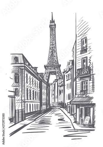 Eiffel tower on a street in Paris sketch
