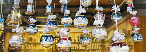 Photography The souvenir shop window decorated by the new year glass Christmas balls