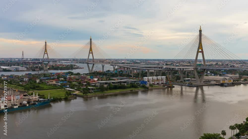Timelapse of Bhumibol Bridge is one of the most beautiful bridges in Thailand and area view for Bangkok.The name of this bridge comes from the name of The king of Thailand. Timelapse of Bhumibol Bridge is one of the most beautiful bridges in Thailand and area view for Bangkok.The name of this bridge comes from the name of The king of Thailand.