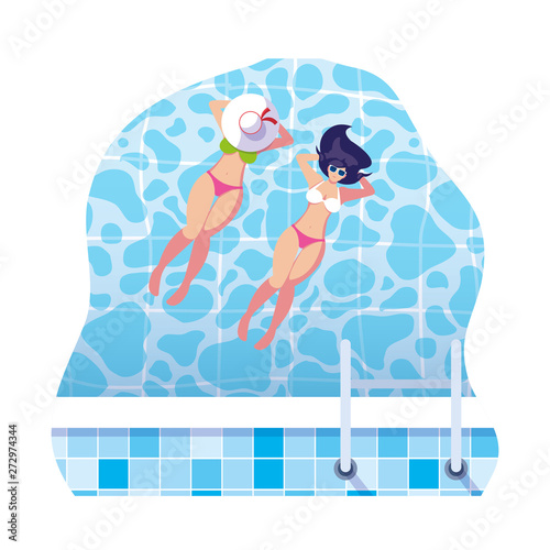 beautiful girls couple with swimsuits floating in water