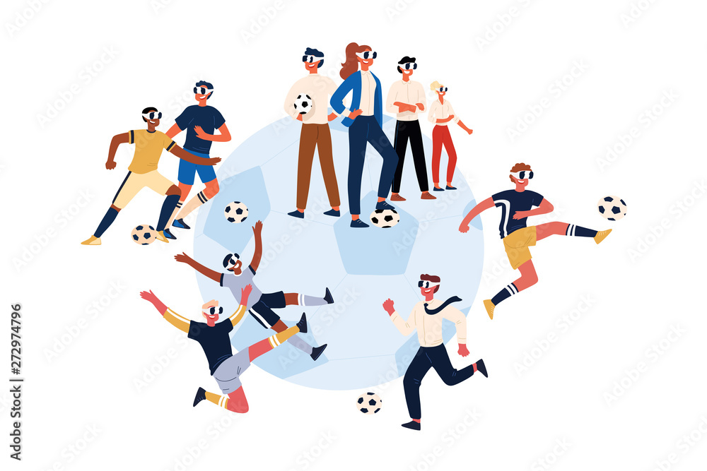 Soccer players wearing virtual reality headsets, male, female footballers in VR glasses kicking ball Soccer players wearing virtual reality headsets, male, female footballers in VR glasses kicking ball