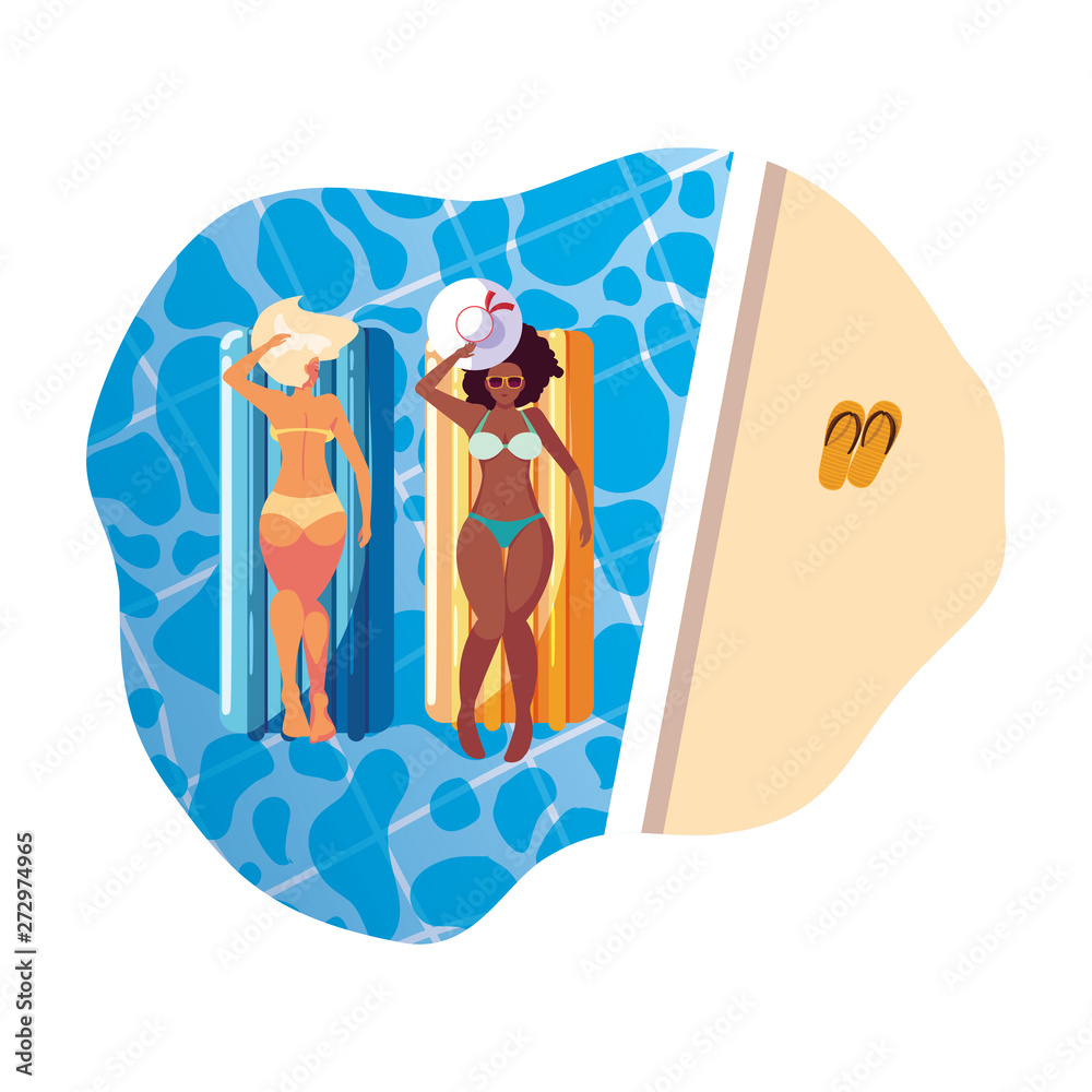 beautiful interracial girls with float mattress in water