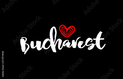 Bucharest city on black background with red heart for logo icon design