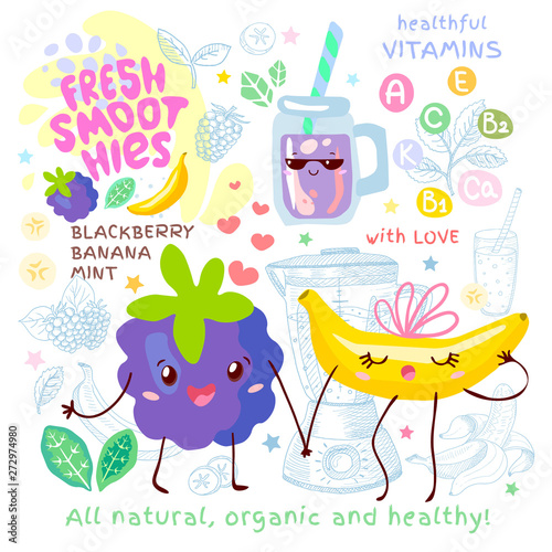 Fresh smoothie recipe cute kawaii characters. Fruits ingredients glass jar vitamin funny style. Banana blackberry mint berries juice smoothies green leaves mint. Hand drawn vector illustration.