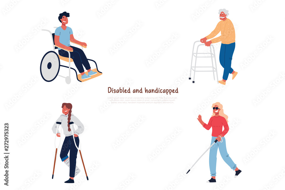 Disabled and handicapped people in wheelchair, with crutches, elderly man with walker, blindness, poor vision banner Disabled and handicapped people in wheelchair, with crutches, elderly man with walker, blindness, poor vision banner