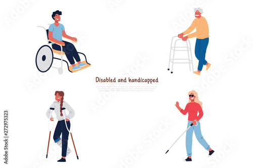 Disabled and handicapped people in wheelchair, with crutches, elderly man with walker, blindness, poor vision banner
