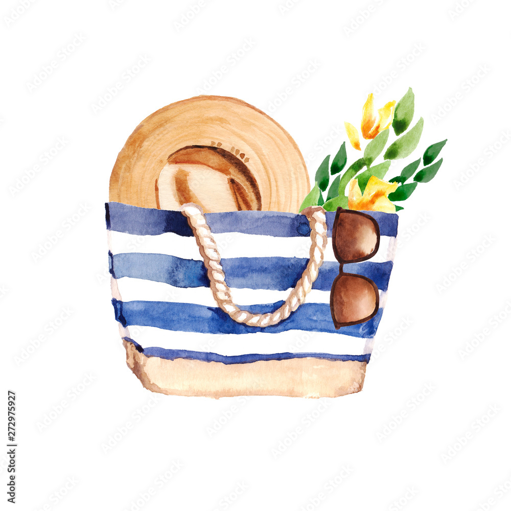 Watercolor hand drawn holiday beach fashion bag illustration isolated ...