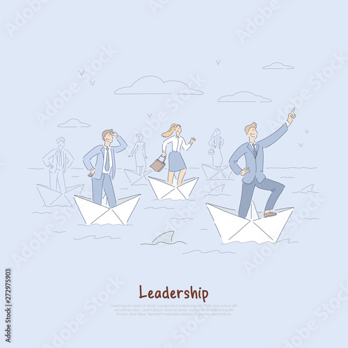 Brave businessman and employees sailing on paper boats, business development metaphor, leadership abilities banner