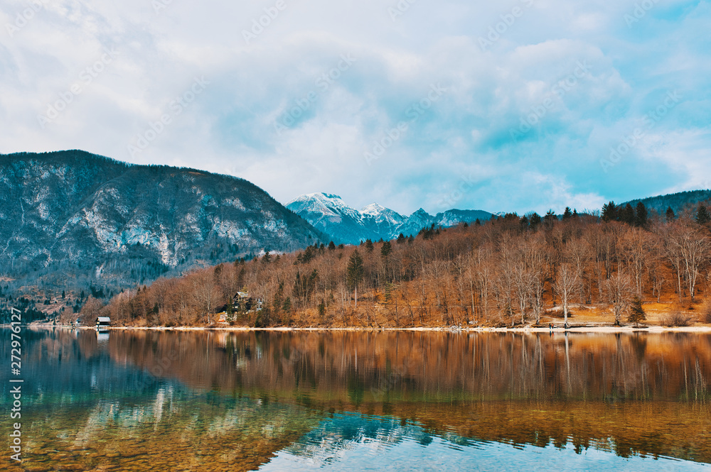The beautiful lake Bohinj in Triglav national park on a winter day