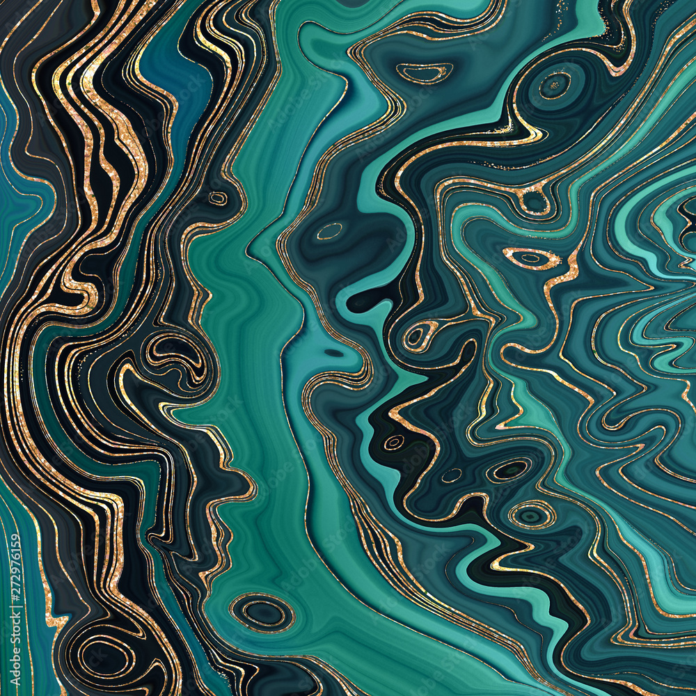 abstract background, malachite green wavy lines with gold glitter veins