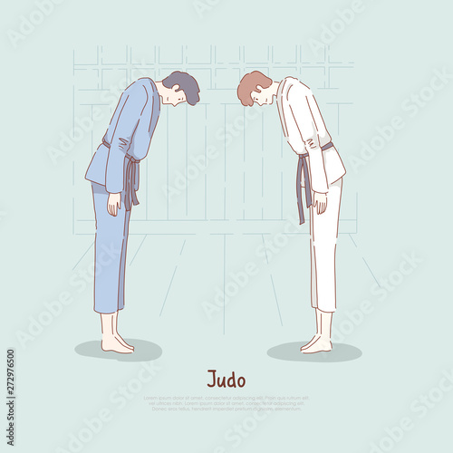 Judo school, fighters bow down, sparring start or end, self defence classes, oriental martial arts, karate dojo banner