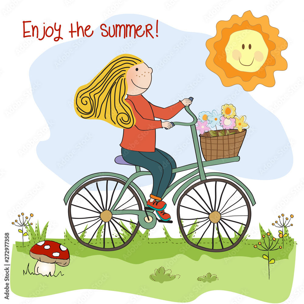 Happy girl on bike enjoy the summer. Cute summer poster Happy girl on bike enjoy the summer. Cute summer poster