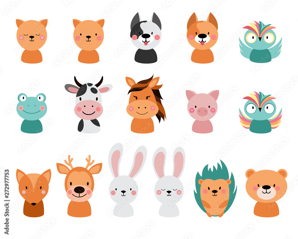 Animals on a white background. Cartoon cute  illustration. Hedgehog, rabbit, bear, bunny, frog, owl, deer,  fox, cat, dog, cow, pig, frog, hare, horse. 
