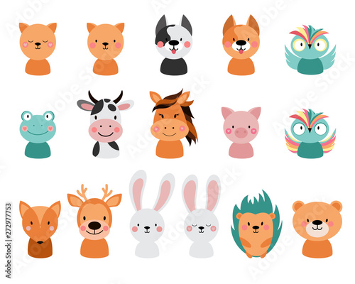 Animals on a white background. Cartoon cute illustration. Hedgehog, rabbit, bear, bunny, frog, owl, deer, fox, cat, dog, cow, pig, frog, hare, horse. 