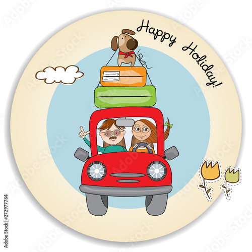 happy couple with their dog traveling with funny red car. Summer holiday poster