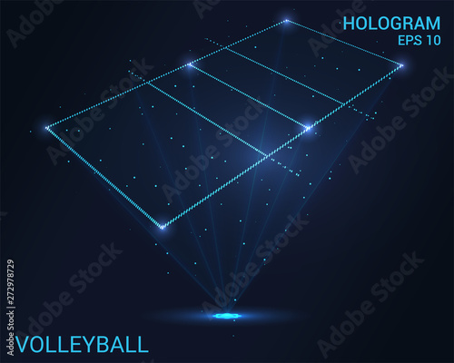 Hologram volleyball. Holographic projection of a volleyball court. Flickering energy flux of particles. The scientific design of the sport.