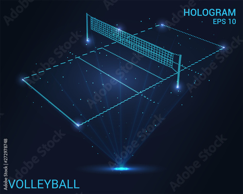 Hologram volleyball. Holographic projection of a volleyball court. Flickering energy flux of particles. The scientific design of the sport.
