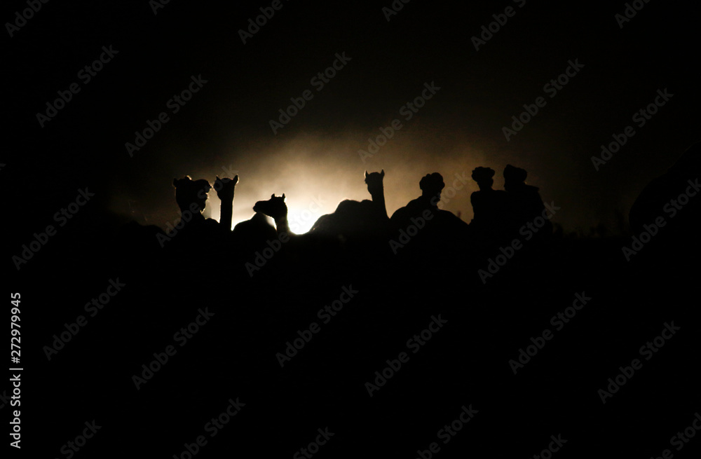 A crowd of people sit and relax in front of herd of camels.