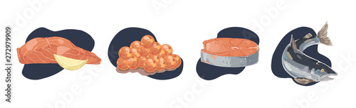 Delicious tuna fish, salmon fillet with lemon slice, red caviar, sea delicacy, gourmet dinner, natural vegetarian lunch set