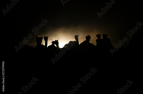A crowd of people sit and relax in front of herd of camels.