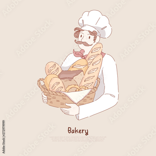 Young man in chef cap holding basket with homemade baking, delicious pastry, baguette, pretzel, bakery, bakehouse banner