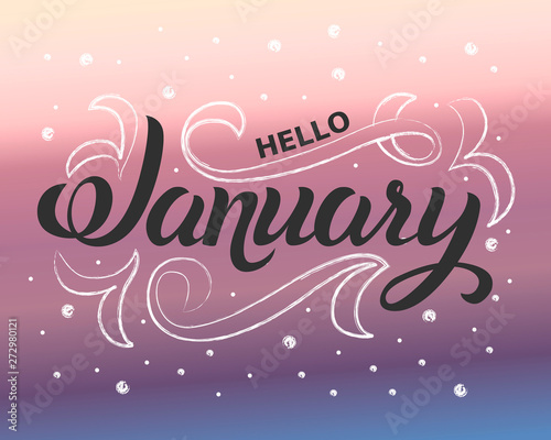 Vector illustration. Typographic composition. Lettering. Calligraphy. Hello December, January, February. Set elements for graphic design.