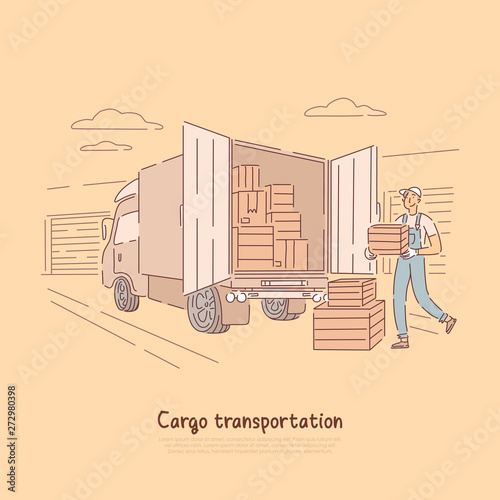 Cargo transportation service, delivery boy carrying box to truck, warehouse worker, courier loading containers banner