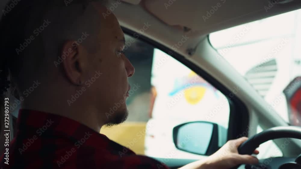 Nervous and Upset Caucasian Male Driver Talking To Person on Back Seat While Driving Car on Highway 4k Nervous and Upset Caucasian Male Driver Talking To Person on Back Seat While Driving Car on Highway 4k