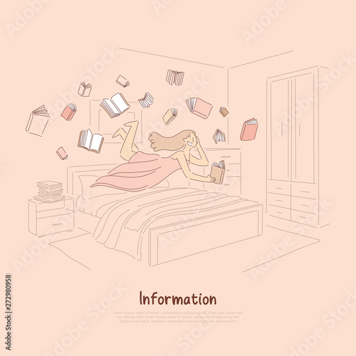 Smiling girl reading enthusiastically, happy reader surrounded with books, information consumption, literature banner