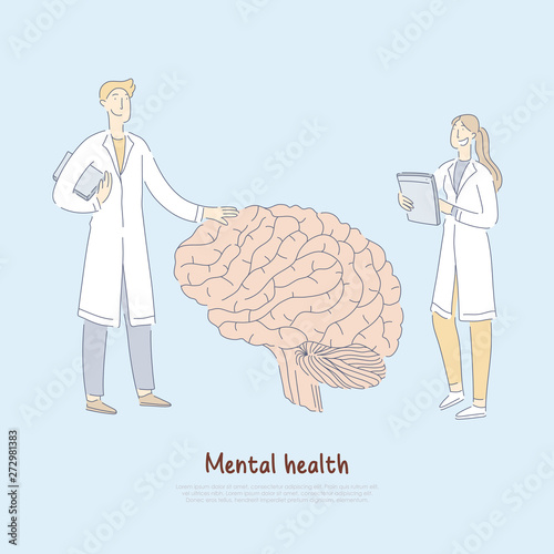 Doctors examining huge human brain, psychiatry, professional assistance, neurobiology, psychology banner