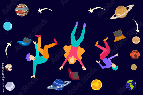 Young college students floating in space with laptops. planets and shooting stars, astronomy learning lesson