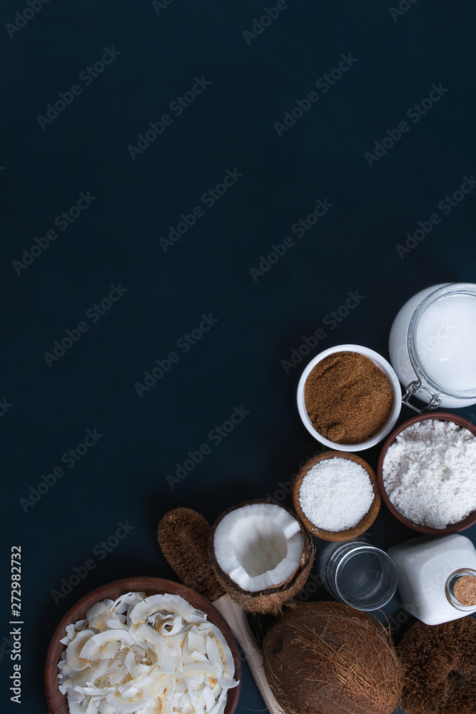 variety of products made from coconut with copy space