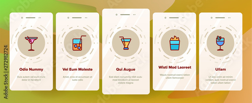 Cocktails, Alcohol and Soft Drinks Onboarding Mobile App Page Screen. Alcoholic Beverages. Shots Collection. Various Cocktail Liquors. Bar Beverages Vector Illustrations