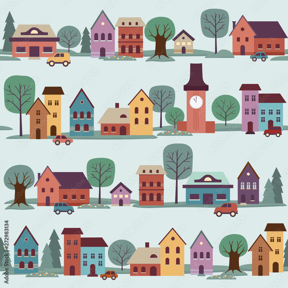 Cartoon style houses and trees, seamless vector pattern with town streets  for print or wallpaper Stock Vector | Adobe Stock