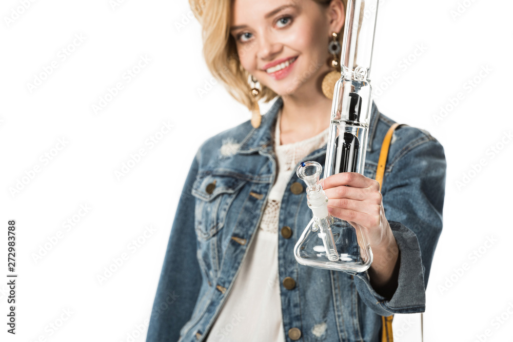 selective focus of stylish hippie girl holding bong isolated on white selective focus of stylish hippie girl holding bong isolated on white