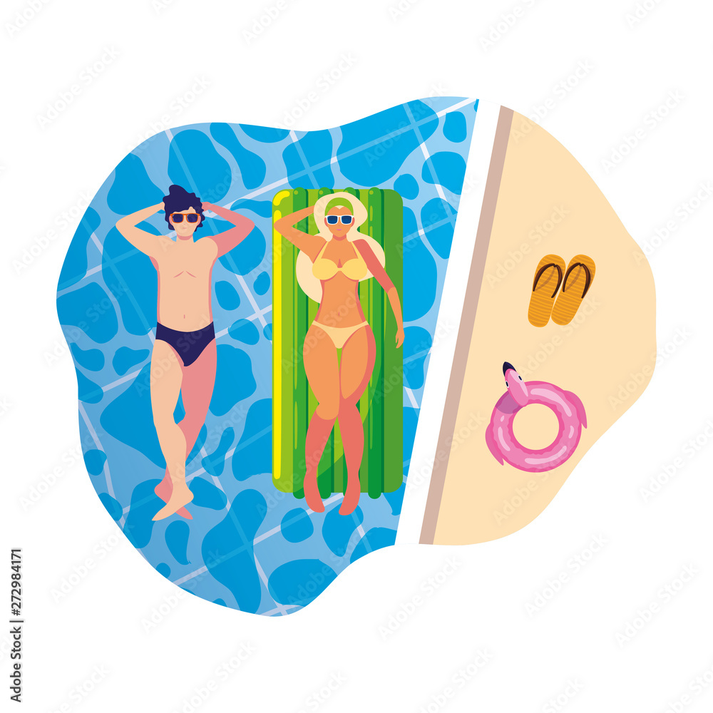 young couple with float mattress in pool