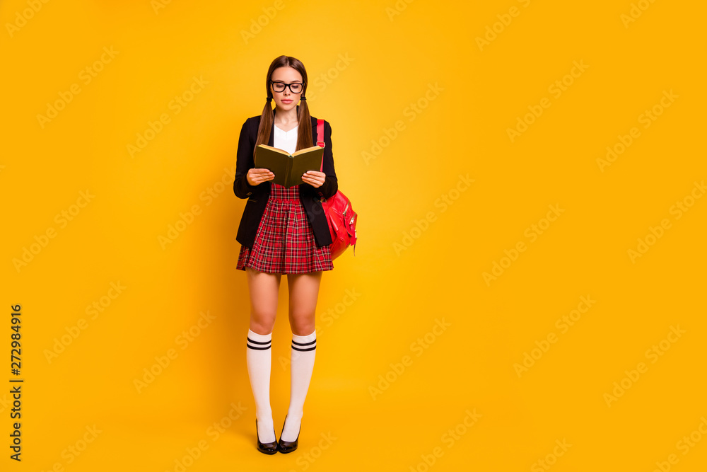 Full length body size view of her she nice-looking attractive lovely smart clever serious girl holding in hands book classes courses preparing test isolated over bright vivid shine yellow background Full length body size view of her she nice-looking attractive lovely smart clever serious girl holding in hands book classes courses preparing test isolated over bright vivid shine yellow background