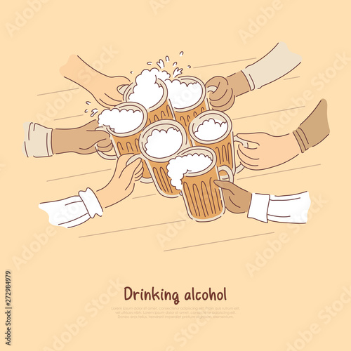 Drinking alcohol, beer with foam, ale glasses clinking, meeting, relax with friends in bar banner