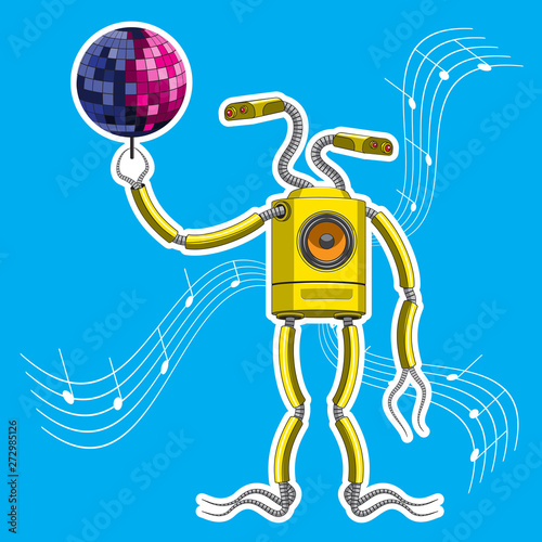 the character is a robot with a speaker in the body, holding a disco ball. Vector graphics.