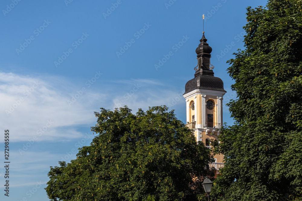 The tower of the Kamianets-Podilskyi town hall, which rises above the green crowns of trees on the background of the blue sky. Ukraine.