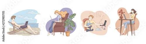 Men and women working with computer, people using laptop for work and internet surfing, social media leisure, freelancers set