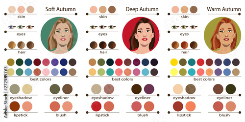 Stock vector seasonal color analysis palette for soft, deep and warm autumn. Best colors for autumn type of female appearance. Face of young woman.