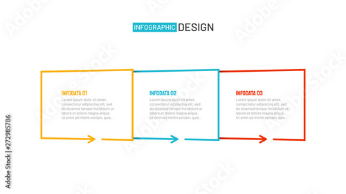 Business infographic thin line flat design label with squares and arrow. Vector template with 3 options or steps.