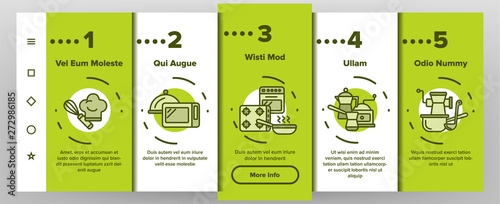 Cooking Items Vector Onboarding Mobile App Page Screen. Cooking Accessories Illustrations. Kitchen Equipment, Electronics Contour Symbols. Cookware, Saucepans, Bowl, Coffee Making Machines Pictograms