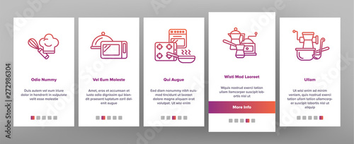 Cooking Items Vector Onboarding Mobile App Page Screen. Cooking Accessories Illustrations. Kitchen Equipment, Electronics Contour Symbols. Cookware, Saucepans, Bowl, Coffee Making Machines Pictograms