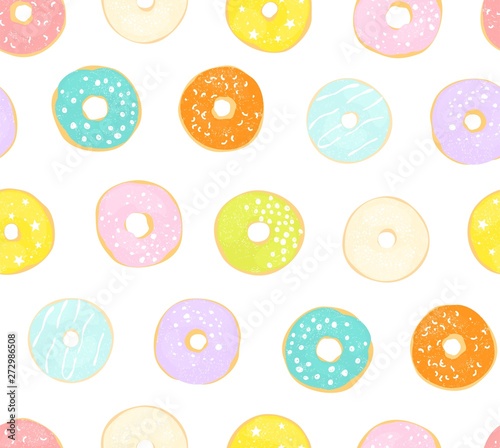 Delicate seamless pattern with different glazed donuts. Vector illustration on white background.